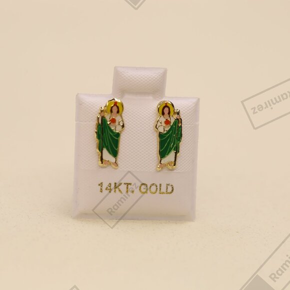 14K Solid Gold Saint Jude Stud Earrings • Green Robe • Water-Resistant Enamel. - Picture 1 of 7